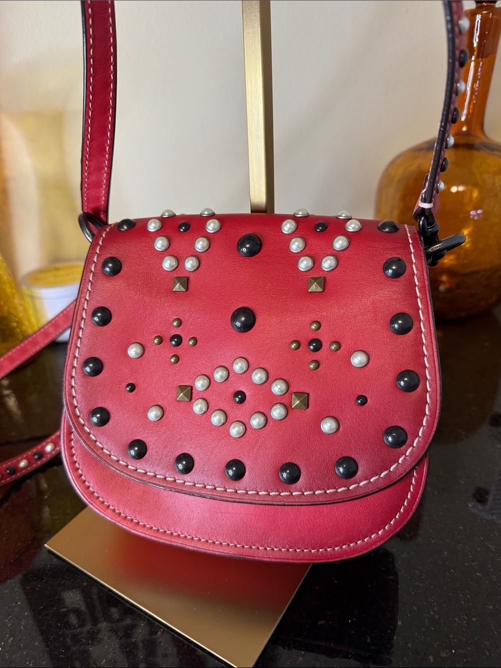 Coach 1941 Red Studded Pearl Accent 17 Western Collection Leather Crossbody